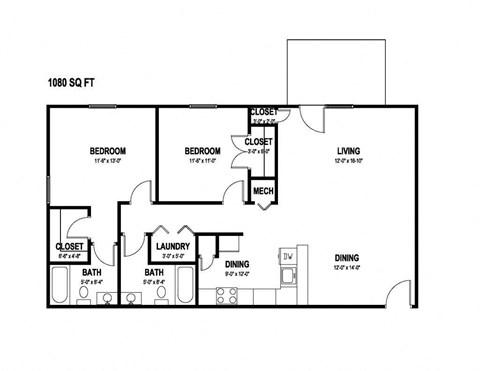 Floor plan for 2 beds, 2 baths, 1080 sqft